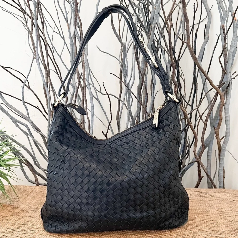 Cole Haan Avery Heritage Weave Black Leather Large Hobo with Hoof Pick Detail